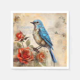 Serviette En Papier Bleu et Roses 1