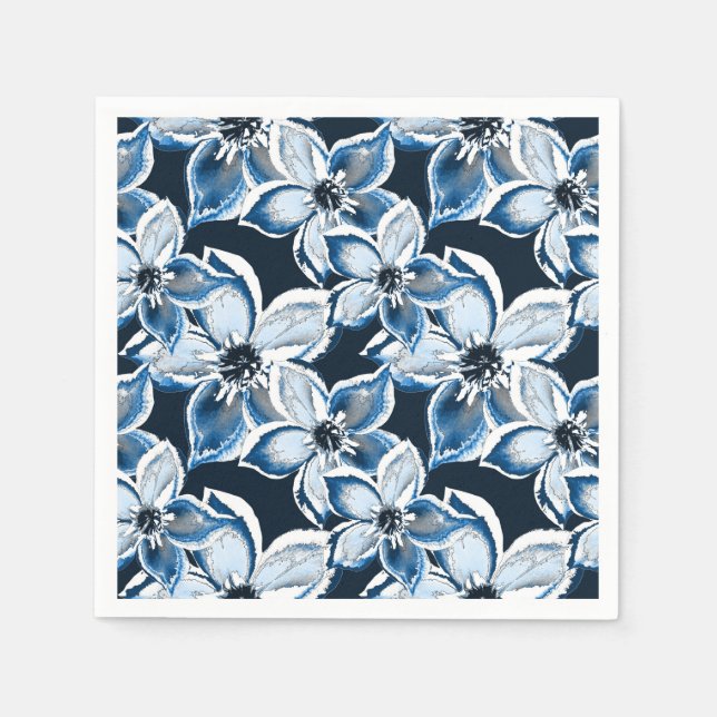 Serviette En Papier Bleu, fleurs blanches sur un arrière - plan noir. (Devant)