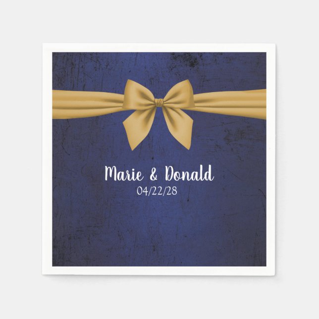 Serviette En Papier Bleu foncé avec un nœud doré (Devant)