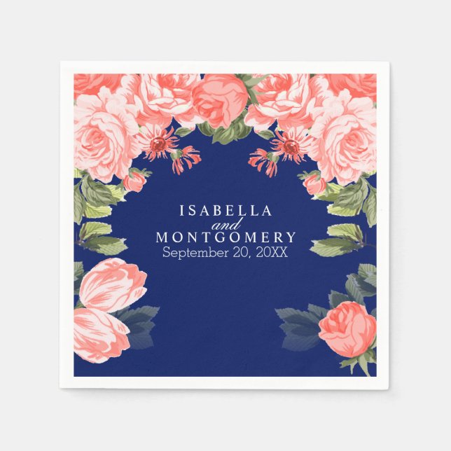 Serviette En Papier Bleu foncé botanique et fleurs de corail (Devant)