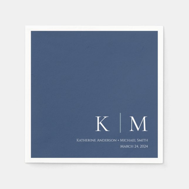 Serviette En Papier Bleu foncé et blanc Mariage- (Devant)