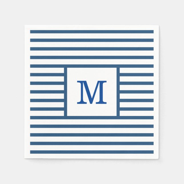 Serviette En Papier Bleu foncé et Blancs Monogramme personnalisé (Devant)