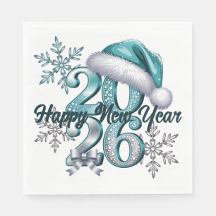 Serviette En Papier Bleu Glacé 2026 avec Chapeau de Père Noël et Floco