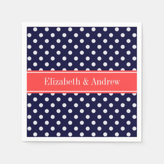 Serviette En Papier Bleu Marine Blanc Points de Polka Corail Monogramm (Devant)