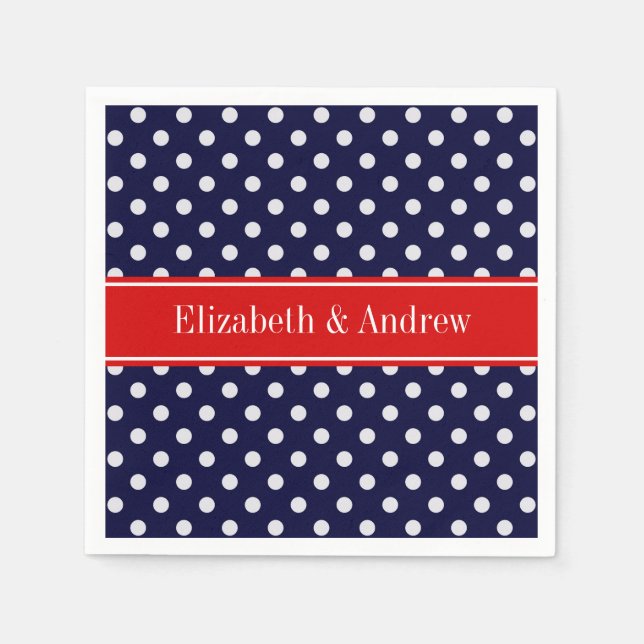 Serviette En Papier Bleu Marine Blanc Points Rouges Monogramme Prénom (Devant)