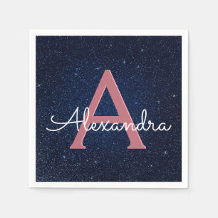 Serviette En Papier Bleu marine et initiale rose de monogramme