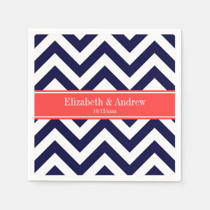 Serviette En Papier Bleu Marine Grand Chevron Corail Rouge Monogramme