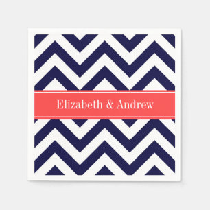 Serviette En Papier Bleu marine Grand Chevron Corail Rouge Monogramme