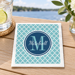 Serviette En Papier Bleu marine moderne et monogramme quatrefeuilles a