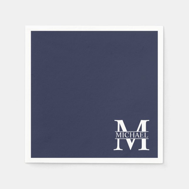 Serviette En Papier Bleu marine Monogramme personnalisé et nom (Devant)