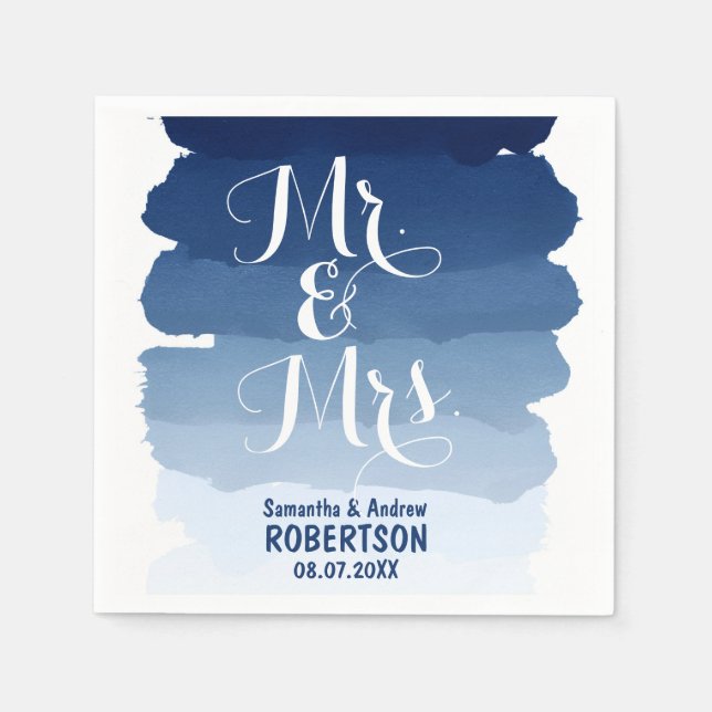 Serviette En Papier Bleu marine rayures aquarelle ombre mariage (Devant)