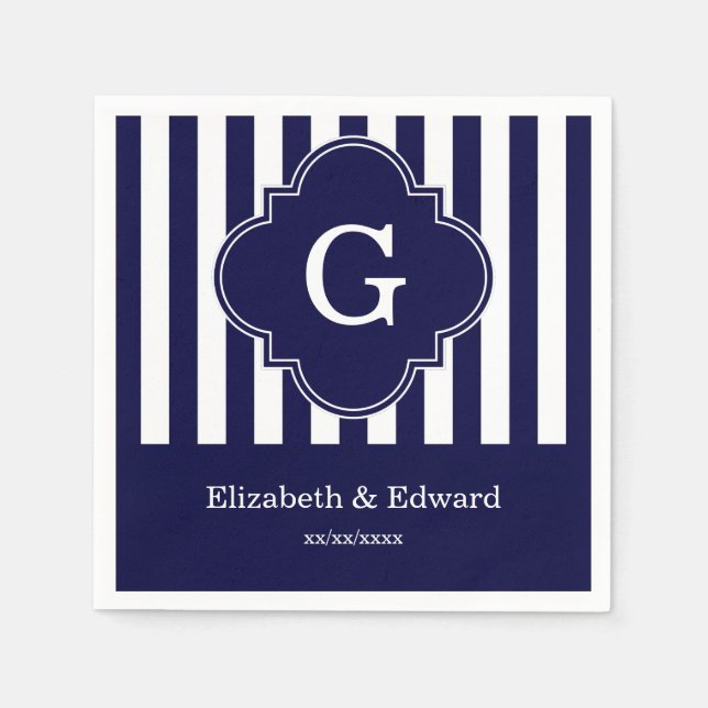 Serviette En Papier Bleu Marine Rayures Blanches, Monogramme Label Nav (Devant)