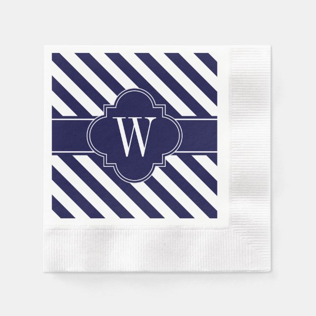Serviette En Papier Bleu Marine Rayures Blanches, Monogramme Label Nav (Devant)