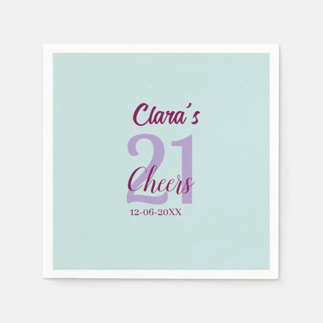 Serviette En Papier bleu mauve fête 21e anniversaire ajouter nom date (Devant)