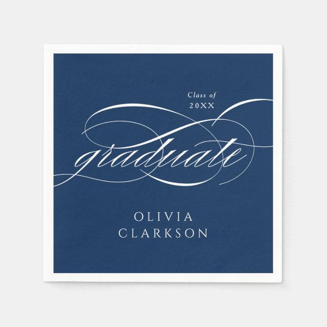 Serviette En Papier Bleu Moderne Élégant Script Graduation Party (Devant)