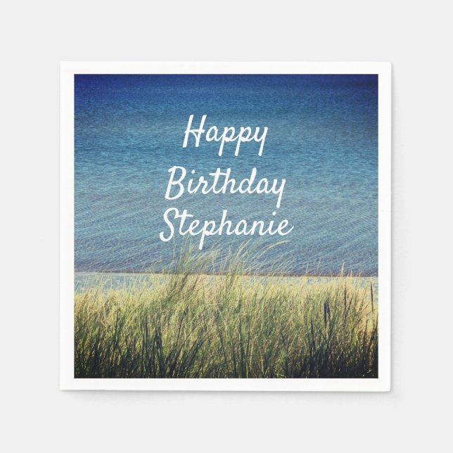 Serviette En Papier Bleu nautique Joyeux Anniversaire Plage Paysage mi (Devant)