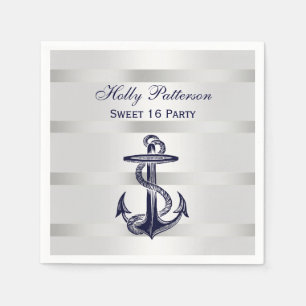 Serviette En Papier Bleu Nautique Marine Ancre Argent Wt BG V Sweet 16