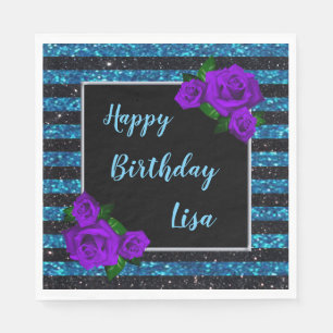 Serviette En Papier Bleu noir Parties scintillant rayures violet Roses