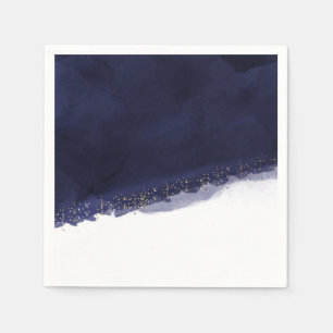 Serviette En Papier Bleu Nuit Aquarelle & Or Moderne Chic Élégant