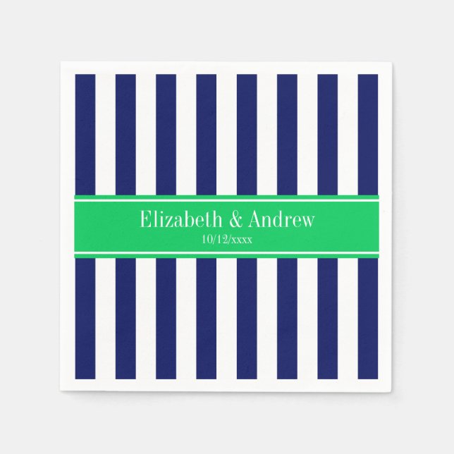 Serviette En Papier Bleu Nuit Blanc Rayure Vert Émeraude Monogramme No (Devant)