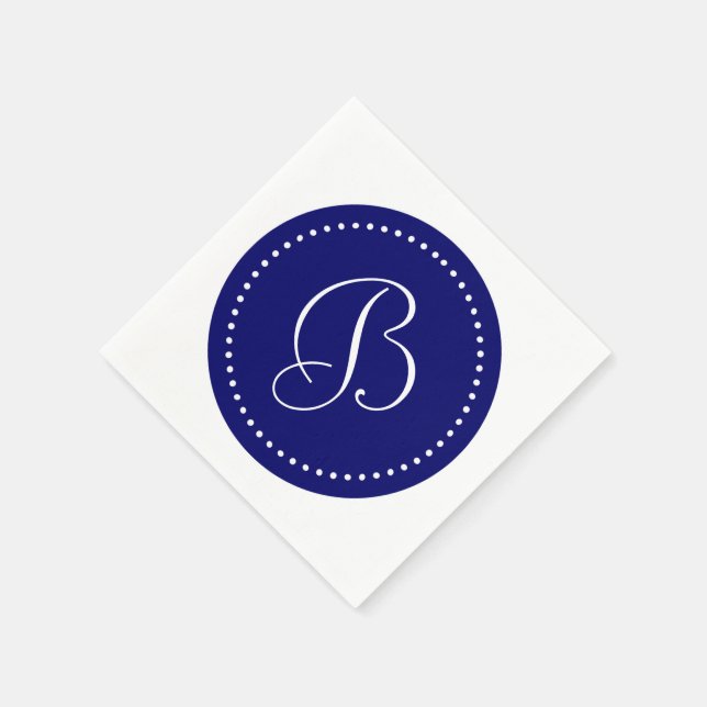 Serviette En Papier Bleu Nuit Foncé et Monogramme à Points Blancs (Coin)