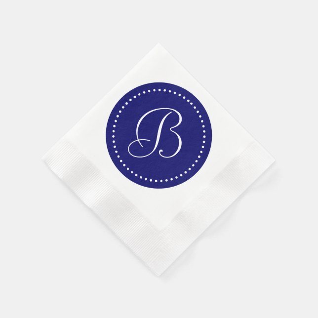 Serviette En Papier Bleu Nuit Foncé/Monogramme à points blancs (Coin)