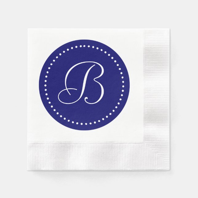 Serviette En Papier Bleu Nuit Foncé/Monogramme à points Blancs (Devant)