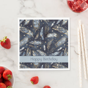 Serviette En Papier Bleu Or Plumes Étoiles Anniversaire
