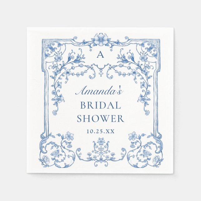 Serviette En Papier Bleu Ornate Grace Victorien Floral Fête des mariée (Devant)