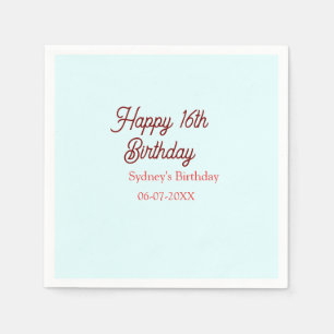 Serviette En Papier Bleu pastel rouge joyeux 16e anniversaire nom date