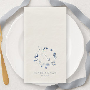 Serviette En Papier Bleu Poussiéreux Monogramme Floral Mariage Beaux-A