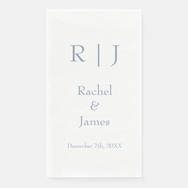Serviette En Papier Bleu Poussiéreux Monogrammes Nom Simple Mariage Mi (Devant)