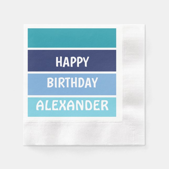 Serviette En Papier Bleu rayé Joyeux Anniversaire (Devant)
