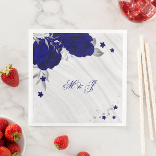 Serviette En Papier bleu roi fleurs argent marbre feuille