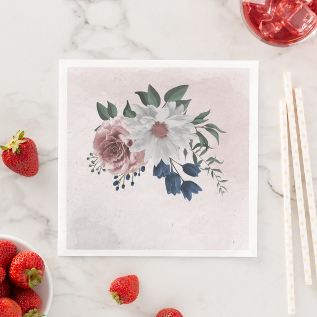 Serviette En Papier bleu rose blanc vert fleuri mariage (En situation)