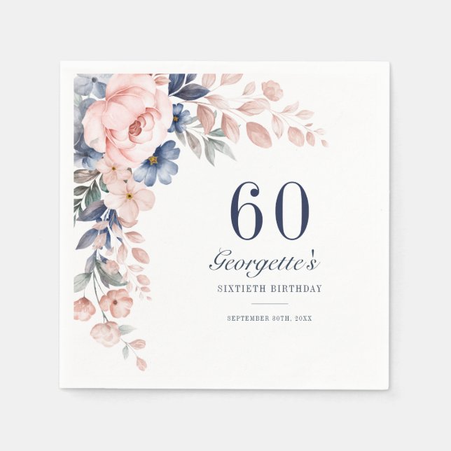 Serviette En Papier Bleu rose botanique Script floral 60e anniversaire (Devant)