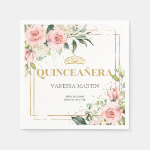 Serviette En Papier Bleu rose eucalyptus or tiara 15e anniversaire