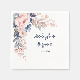 Serviette En Papier Bleu rose Floral Script Mariage Papier botanique