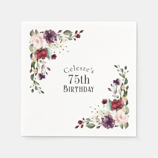 Serviette En Papier Bleu rouge et violet élégant Floral 75e anniversai (Devant)