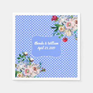 Serviette En Papier Bleu royal avec points blancs et Mariage de fleurs