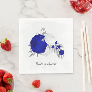 Serviette En Papier bleu royal et fleurs blanches argent