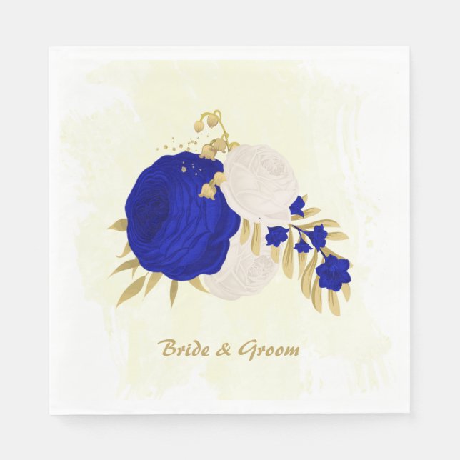Serviette En Papier bleu royal et fleurs blanches or (Devant)