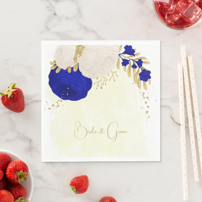 Serviette En Papier bleu royal et fleurs blanches or mariage serviette (En situation)