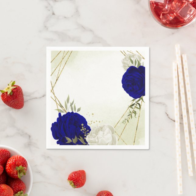 Serviette En Papier bleu royal fleurs blanches mariage (En situation)