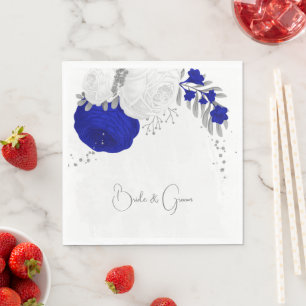 Serviette En Papier bleu royal & fleurs blanches mariage argent