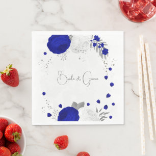 Serviette En Papier bleu royal & fleurs blanches mariage argent