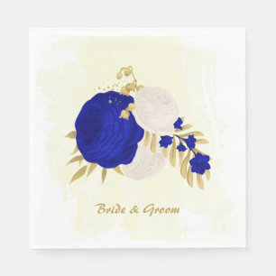 Serviette En Papier bleu royal & fleurs blanches or