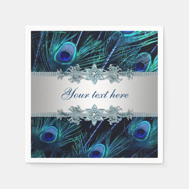 Serviette En Papier Bleu Royal Paon Argenté (Devant)