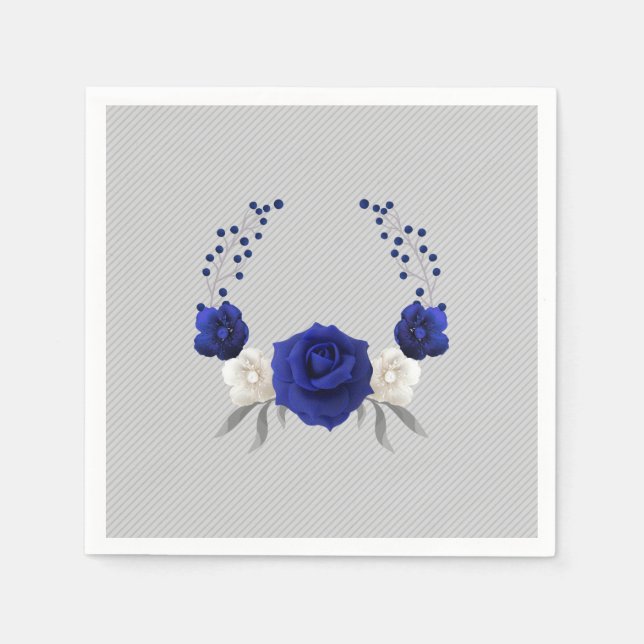 Serviette En Papier bleu royal rose blanc fleurs gris mariage (Devant)