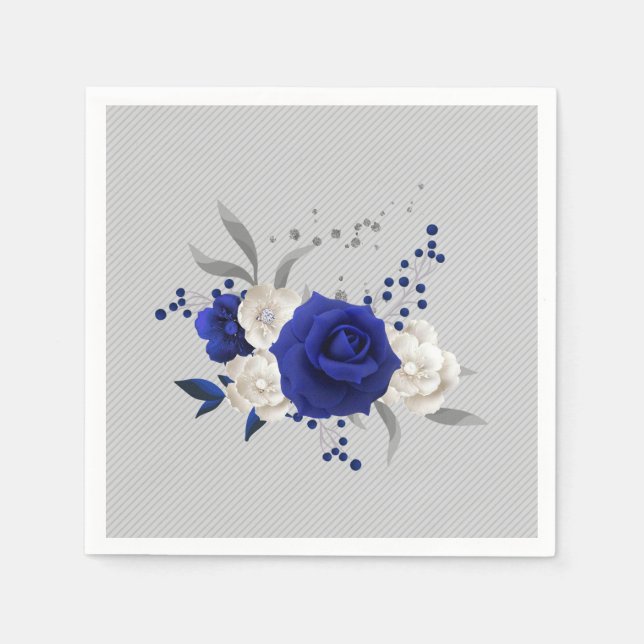 Serviette En Papier bleu royal rose blanc fleurs gris mariage (Devant)